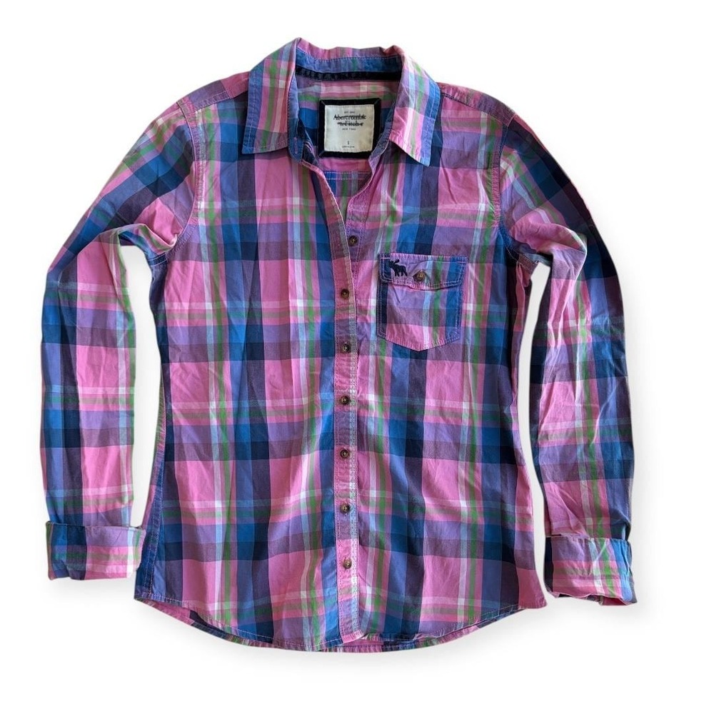 VTG Y2K Abercrombie & Fitch Pink Plaid Shirt‎ Moose Logo Twilight Gilmore Small